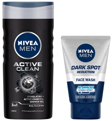 Nivea Men Shower Gel, Active Clean Body Wash, Men, 250ml & Men Face Wash, Dark Spot Reduction, 100g